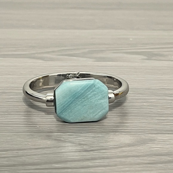 Silver Hinged Bangle Bracelet with Turquoise Stone, Boho - Picture 3 of 6